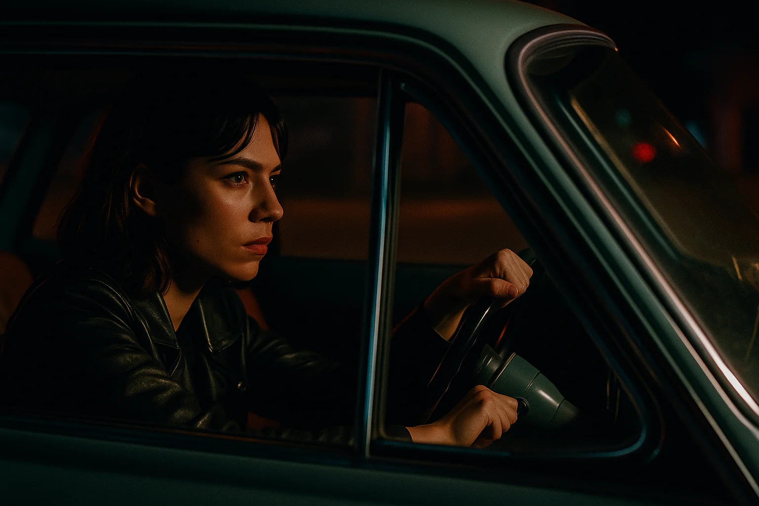 Kaila & Rob en un auto deportivo futurista de noche en una ciudad con luces de neón.