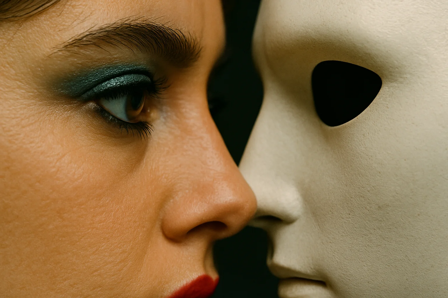 Primer plano del rostro de Rob, uno de los artistas de Kaila & Rob, con iluminación de neón.