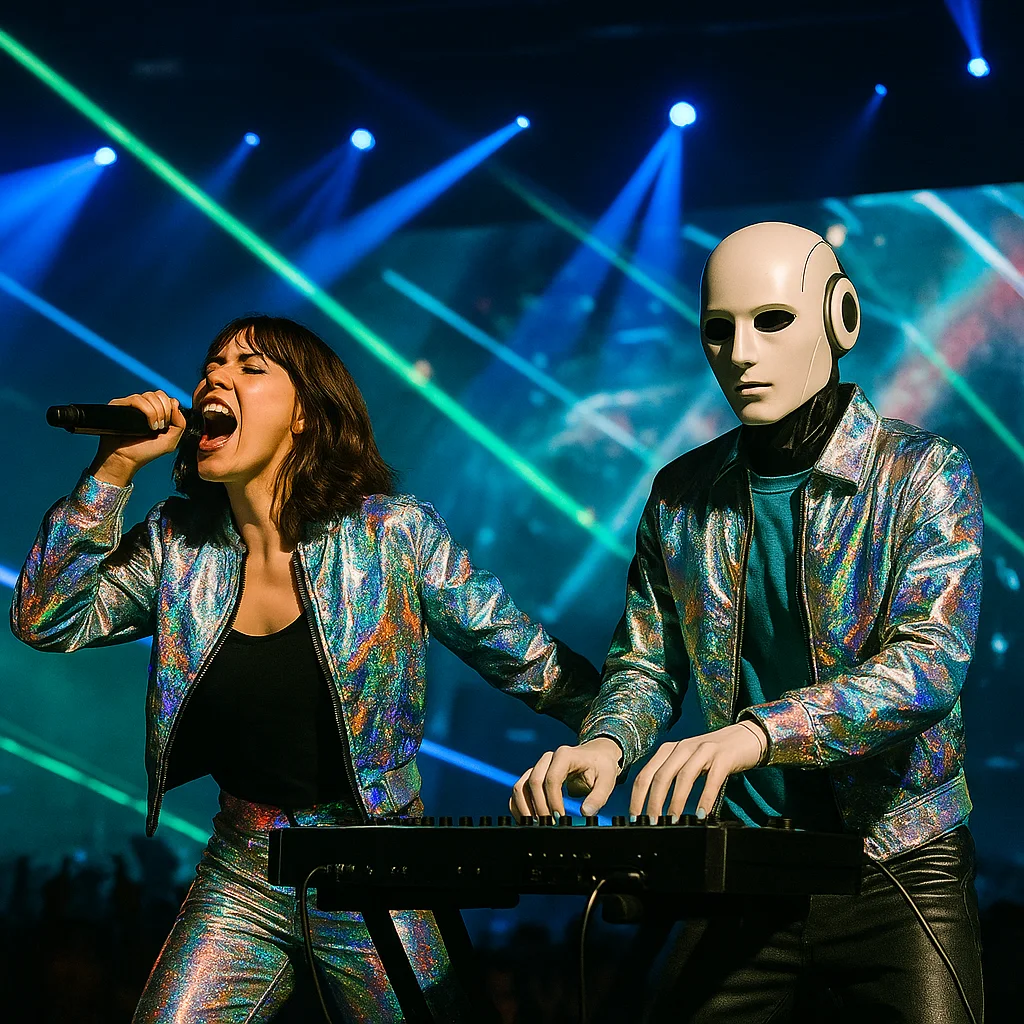 Kaila & Rob actuando en un concierto con luces de escenario espectaculares.