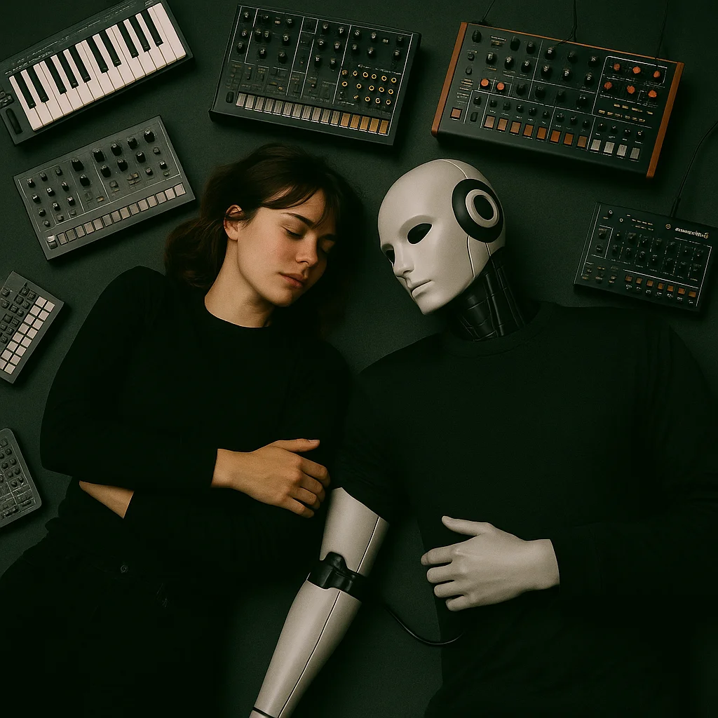 Dúo musical Kaila & Rob en un estudio rodeados de sintetizadores modulares.