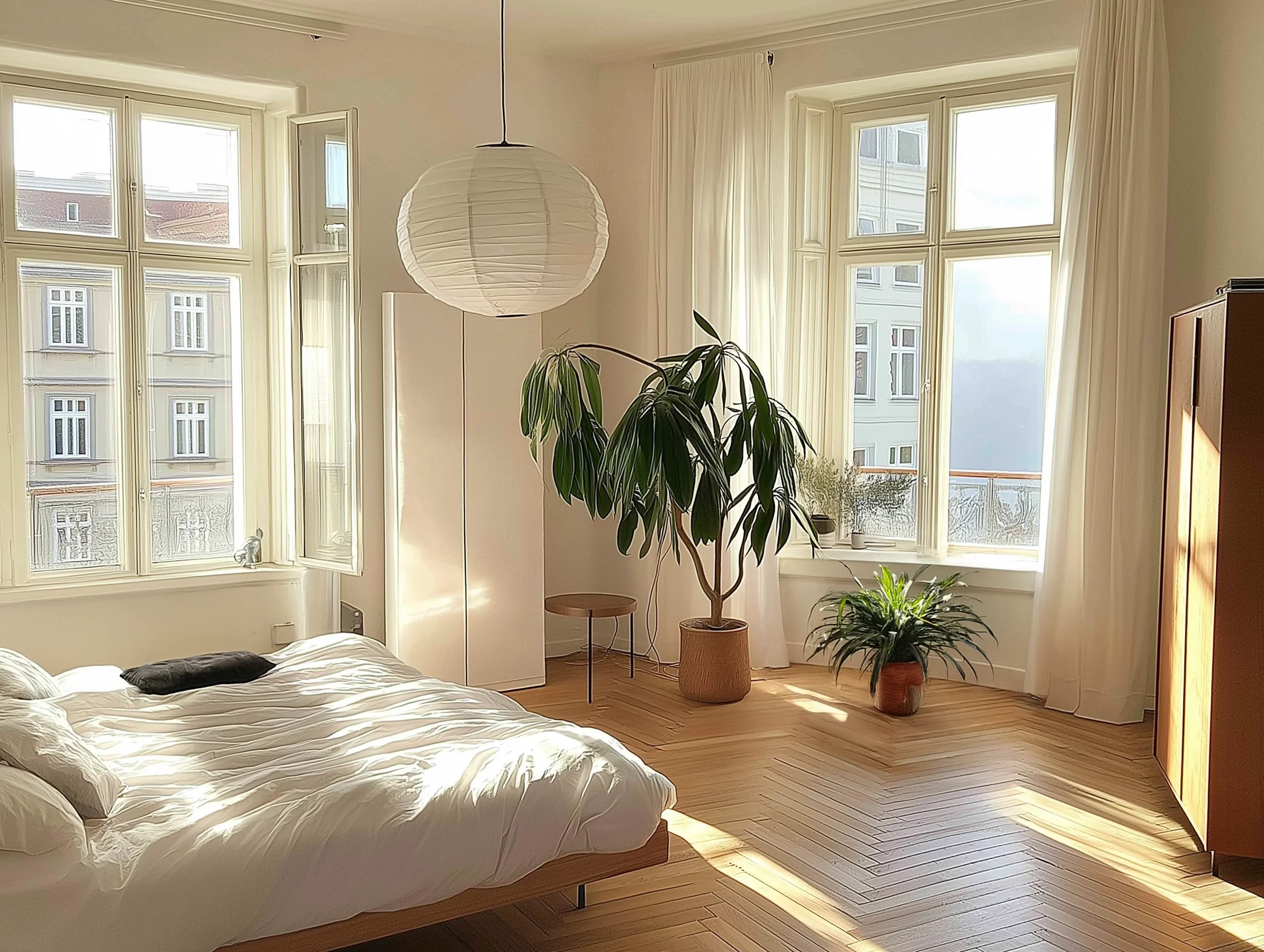 Interior de un apartamento minimalista con vistas a la ciudad de Berlín.