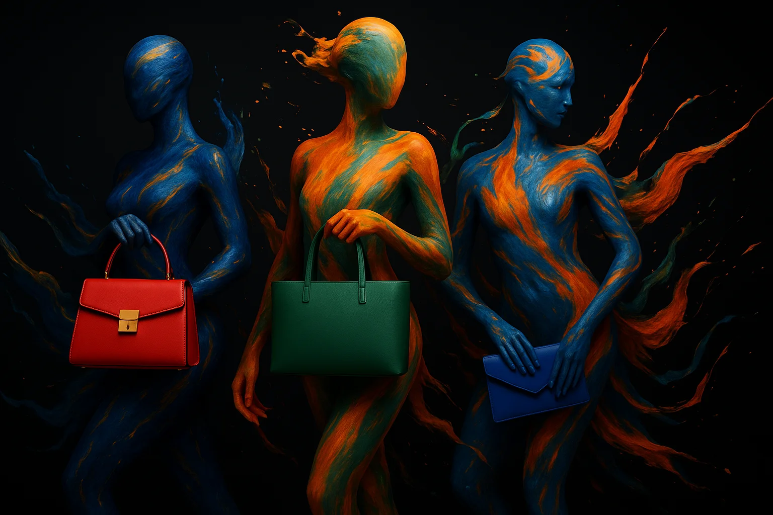 Bolso de cuero blanco con salpicaduras de pintura azul y dorada.