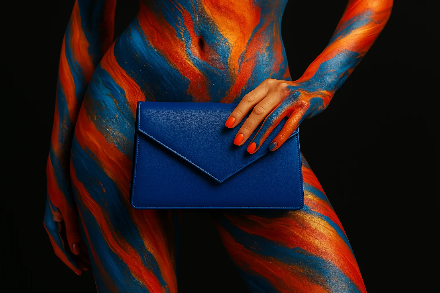 Modelo sosteniendo un bolso de diseño con pintura abstracta.