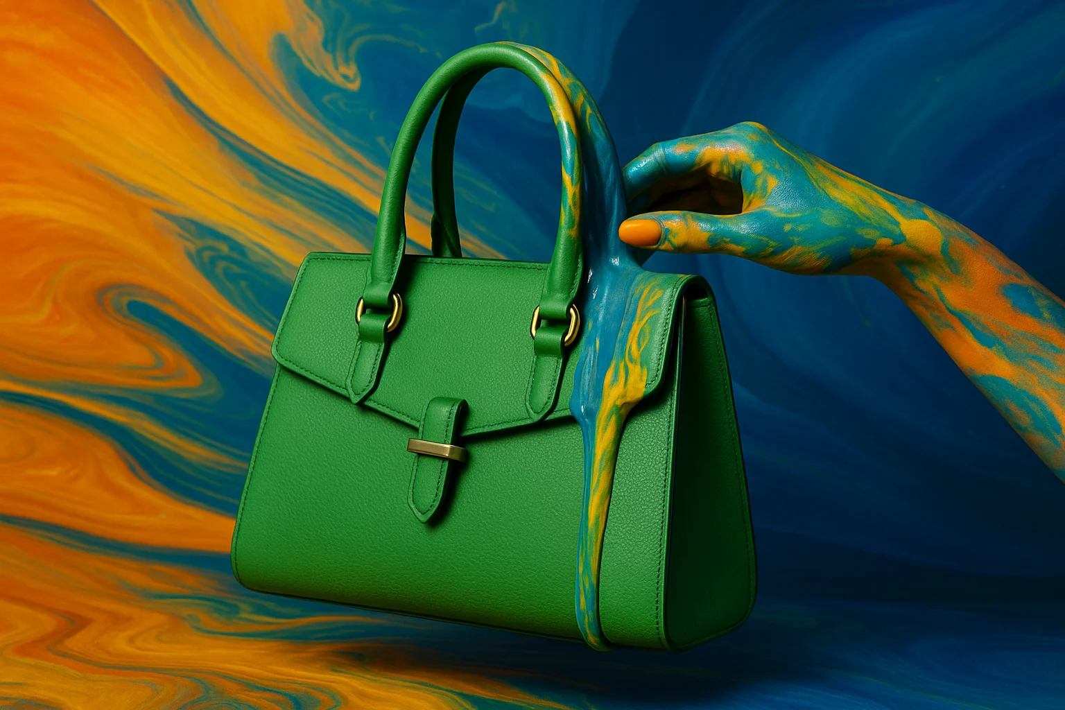 Detalle de un bolso de lujo con salpicaduras de pintura.