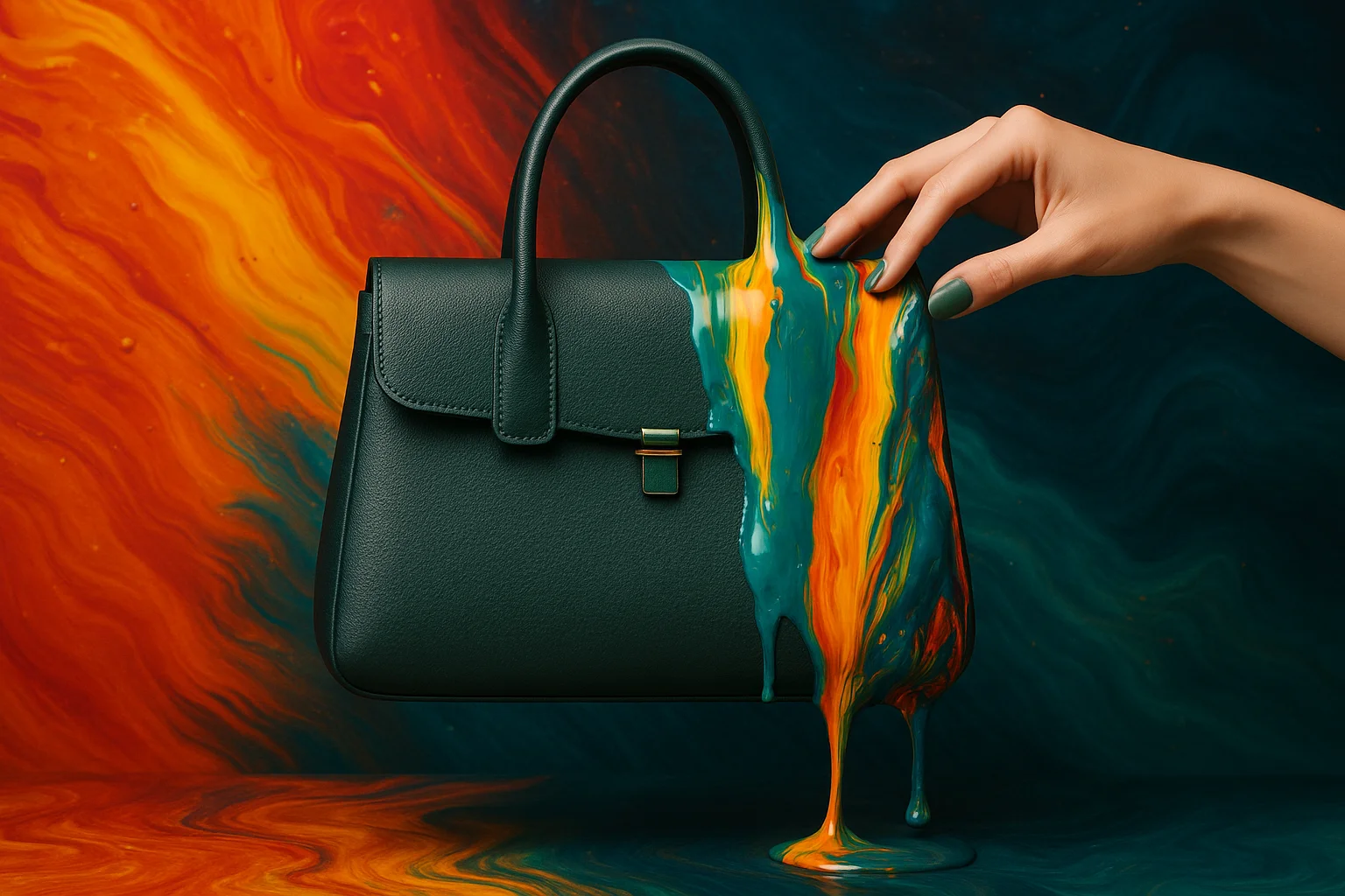 Escena de moda con modelo y bolso pintado a mano.