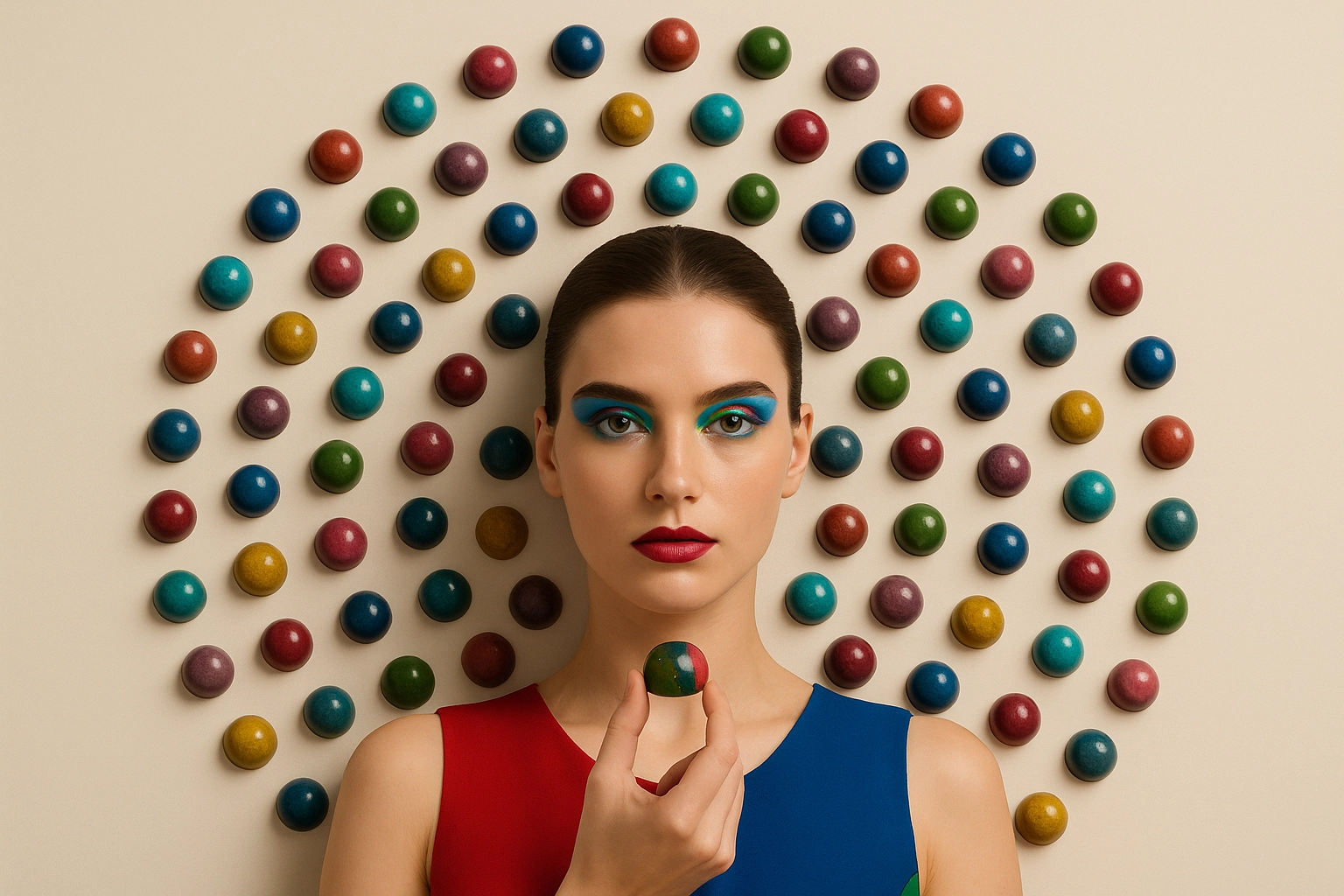 Ilustración de moda generada por IA de una mujer con ropa futurista y fondo abstracto.