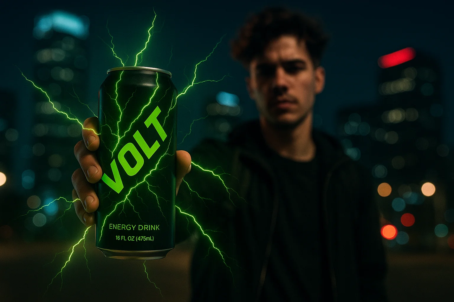 Imagen publicitaria de bebida energética Volt con salpicaduras de líquido de colores.